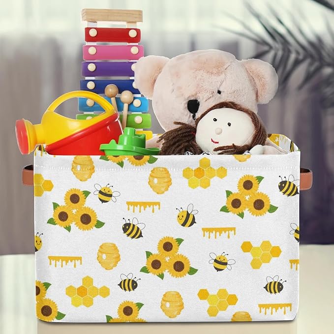 Rectangle Storage Baskets for Organizing - Foldable Storage Bin Cubes with Handles, Large Organizer Bins Boxes Toy Closet Shelf Nursery Laundry Basket, 1 Pcs(Bee Sunflower)