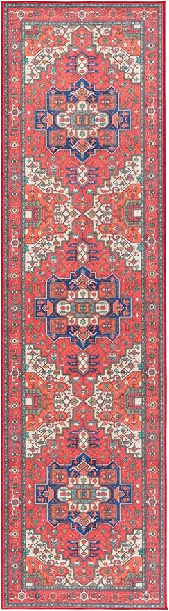 SAFAVIEH Washable Rug Orlando Collection - 2'2" x 8' Runner, Red & Beige, Non-Shedding & Easy to Clean, Ideal for Hallway, Foyer, Entryway, Bedroom (ORL758Q)