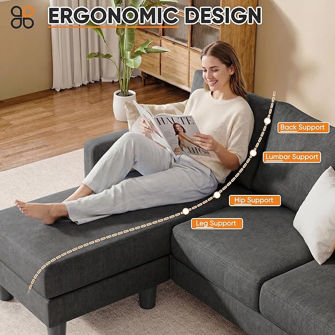 JUMMICO L Shape Sectional Sofa Couch, 3 Seat Convertible Sofa with Movable Ottoman and Side Storage Pockage, Modern Sofa Small Couches for Living Room & Apartment and Small Space (Linen, Deep Grey)