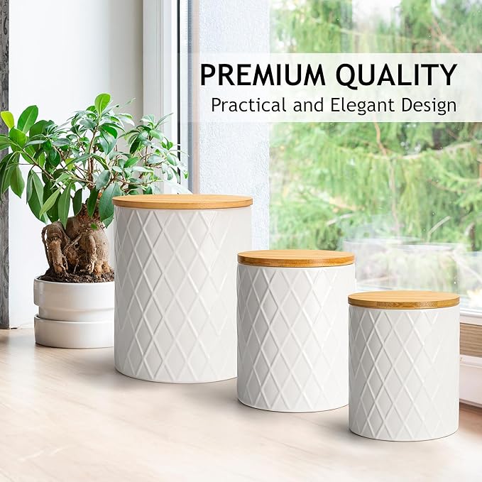 MIAMIO – Set of 3 Canister Sets for Kitchen Counter, Ceramic Kitchen Canister Set with Airtight Seal Wooden Lid - Perfect for Coffee, Tea, Sugar, Flour, Tea, Salt and More