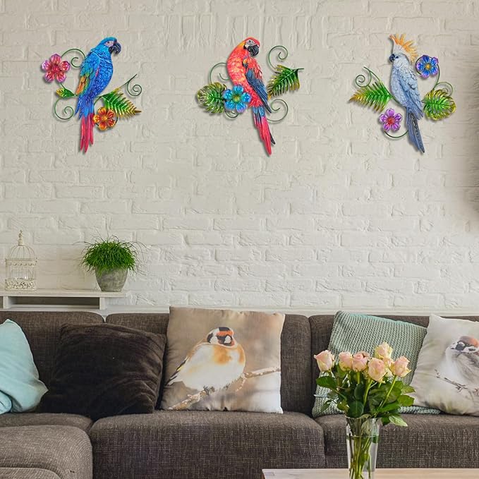Yonivexis Metal Birds Wall Art Decor 3D Colorful Birds Sculpture Parrot Outdoor Hanging Decor Bird Wall Art Decorations Fence Patio Balcony Living Room, Style 5