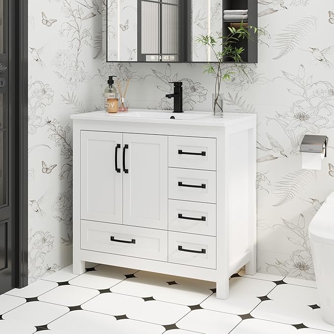 eclife 36" Bathroom Vanities with Sink Combo, Modern Thickened Wood Bathroom Storage Cabinet w/Undermount Sink, Matte Black Faucet Drain, Painted Surface, White