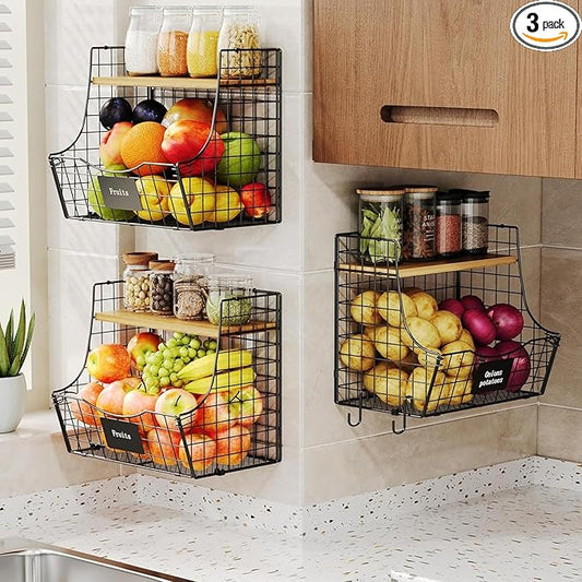 3 Pack Fruit Basket for Kitchen with Wood Lid - Counter&Wall Mounted Onion and Potato Storage with Nameplate, Stackable Storage Basket, Hanging Metal Wire Baskets,11.5 * 10.63 * 8.66 Inch