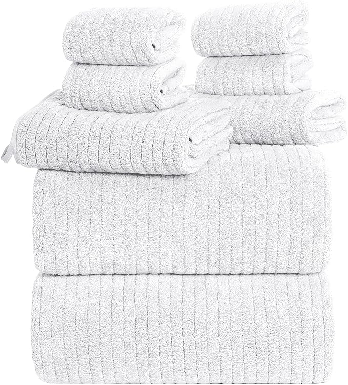 Oversized Bath Towels 8 Piece Towel Set, 2 Extra Large Bath Sheets, 2 Hand, 4 Washcloths, Luxury Soft Super Absorbent Thick Shower Towels for Bathroom, Spa & Hotel, Quick Dry, White