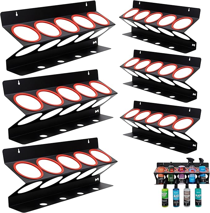 Universal Detailing Spray Bottle Holder (6-Pack) – Wall-Mounted Organizer Holds 5 Spray Bottles (16oz/32oz) with 4 Small Holes – Lightweight Rack for Garage Storage & Mobile Detailing