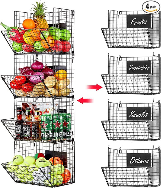 X-cosrack Metal Wire Basket Wall Mount, 4 Tier Extra Large Wall Storage Basket Organizer with Chalkboards, Kitchen Fruits and Vegetables Produce Bin Rack Toys Organizer Bathroom Tower Baskets (Black)