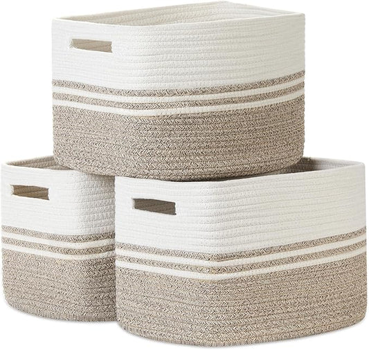 Woven Storage Baskets, Set of 3 Rope Baskets for Storage Clothes, Towels, Versatile Boho Storage Bins (White&Brown, 13"x9.8"x8.5")