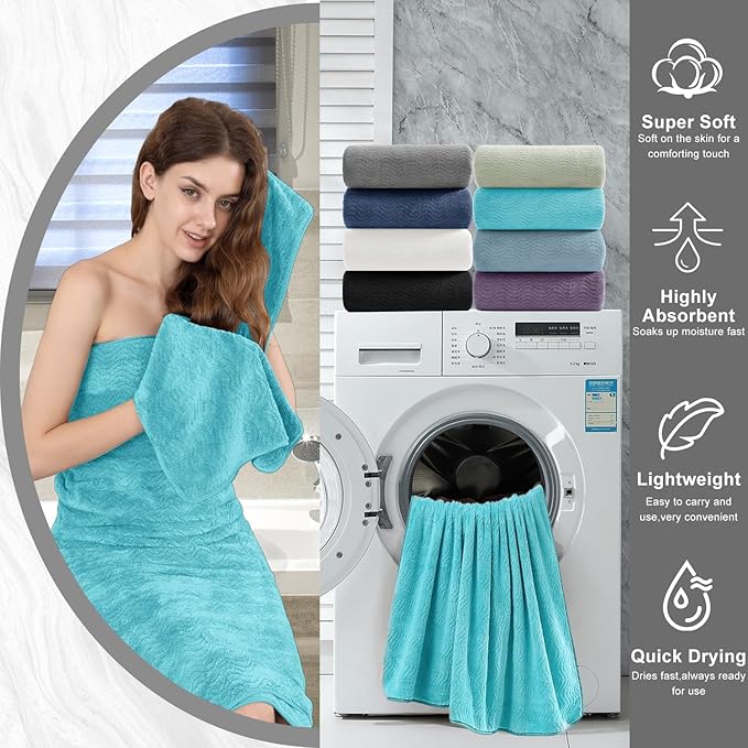 8 Piece Bath Towel Set — 2 Oversized Large Bath Sheet,2 Hand Towels,4 Washcloths — Ultra Soft Cozy Bath Towel Set for Bathroom Hotel Gym Spa,Highly Absorbent & Quick Dry Bathroom Towel Collections,Teal