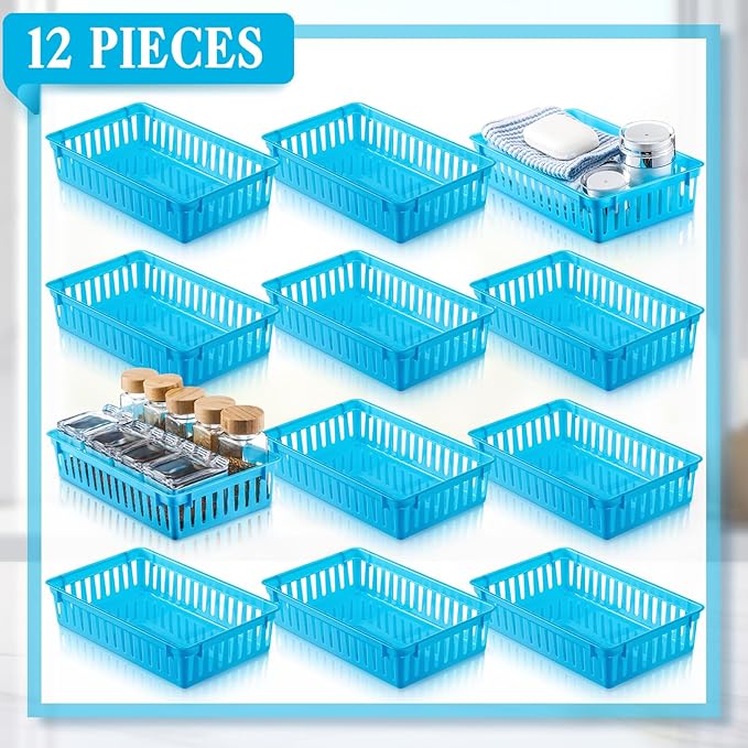 Wenqik Set of 12 Small Plastic Baskets for Organizing 10.24 x 6.5 x 2.36 Inch Pharmacy Baskets Rectangular Trays Plastic Organizer for Office Pharmacy Dorm Kitchens, Closets Shelves(Blue)