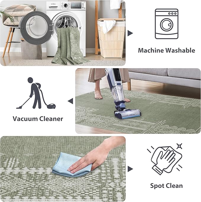 NICETOWN Green Area Rugs 8x10 Washable Nonslip Thin Vintage Rugs - Boho Entryway Oriental Medallion Living Room Carpet Entrance Mat Carpet for Kitchen Laundry Bathroom Bedroom, Sage Green