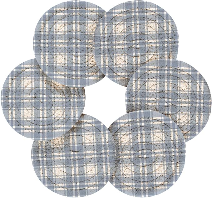 Minimalist Home Decor for Coffee Table, Kitchen, Drink Coasters, Light Blue Plaid Tartan Handmade Cotton Absorbent Coaster Set of 6, Housewarming and Wedding Registry Ideas