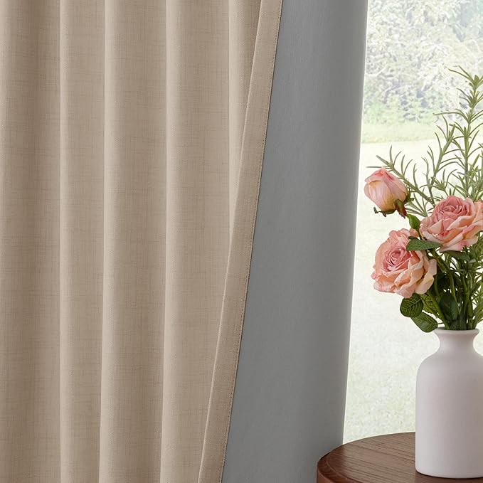 INOVADAY 100% Blackout Curtains for Bedroom, Black Out Curtains 90 Inch Long, Clip Rings Linen Blackout Drapes, Thermal Insulated Room Darkening for Living Room, 2 Panels - Burlywood Birch,W50xL90