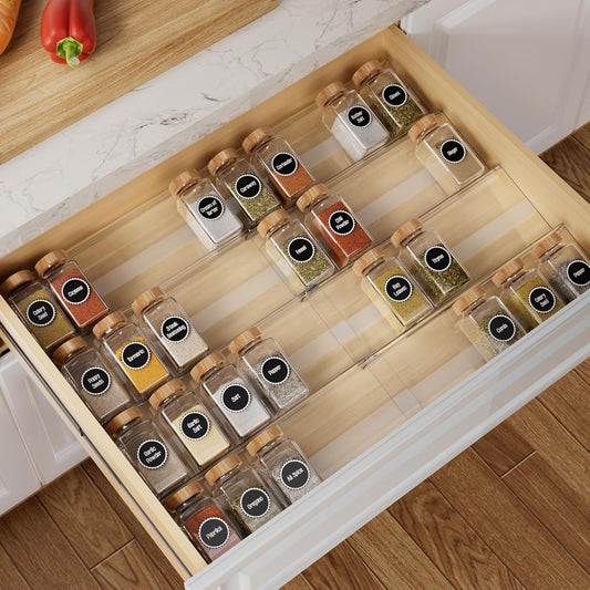 8-Pack Spice Drawer Organizer, Expandable Acrylic Seasoning Rack (13" to 26") with Anti-Slip Mat, Kitchen Spice Rack Drawer Holds up to 56 Jars (Jars Not Included)