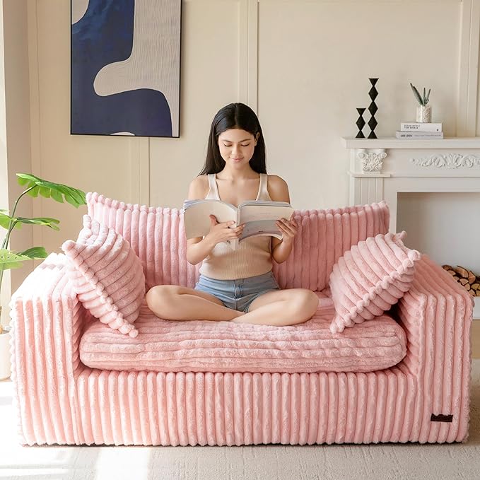 MAXYOYO 59" Bean Bag Sofa Couch, Loveseat Boneless Couch in a Box, Upholstered Small Mini Sofa with Deep Seating for Living Room Bedroom Office Apartment, No Assembly, Pink