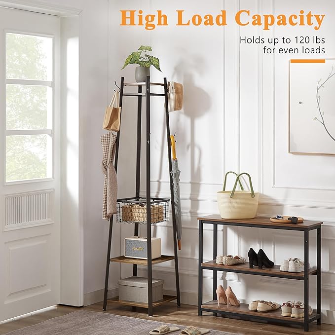 VECELO Coat Rack Freestanding, Entryway Clothes Stand with Metal Basket and 2 Shelves, Upgrade Hall Trees with 8 Dual Hooks for Bags, Hats, and Umbrellas, Industrial Styles, Vintage Brown+ Black