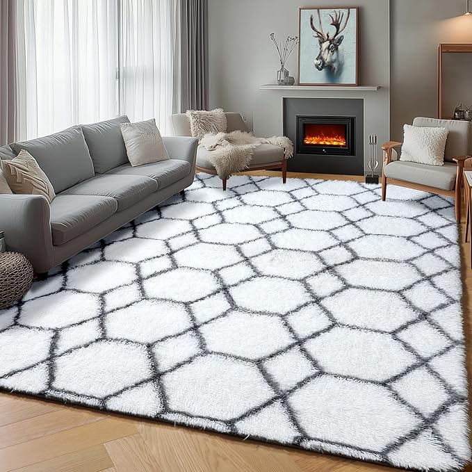 ONASAR Area Rugs for Living Room, 5x8 Fluffy White and Grey Rug for Bedroom, Geometric Moroccan Indoor Shaggy Boho Soft Plush Floor Carpet for Kids Teen Nursery Dorm Home Decor Aesthetic