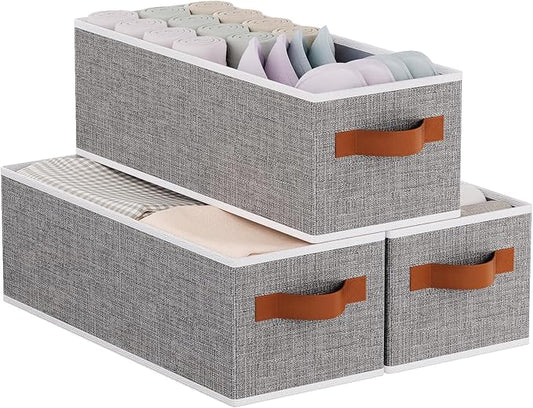 Fabric Storage Baskets, Foldable Clothes Organizer Boxes, 15 x 6 x 5 Inch Storage Cubes with Handles for Laundry Bathroom , Gray, 3-Pack