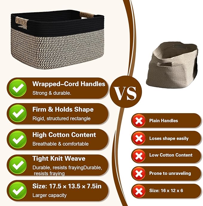 3 Pack Large Storage Basket for Organizing, 17.5"x13"x7" Woven Basket for Shelves, Closet Cube Storage Bins with Wrapped Handle, Cotton Rope Baskets for Kitchen, Clothes, Toys(Black & Brown)