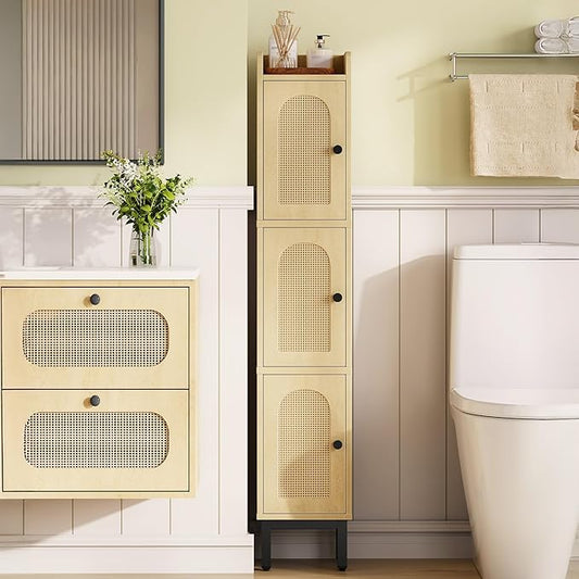 Slim Bathroom Storage Cabinet, Narrow Bathroom Organizers and Storage with 4 Adjustable Feet, Laundry Room Organization for Small Space, Kitchen, Living Room, 3 Doors Rattan Yellow BC22302Y