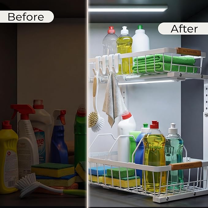 Under Sink Organizer, 2 Pack, 2 Tier Sliding L-Shaped Carbon Steel Rack with Adjustable Height, Motion-Activated LED Lights, Dividers & Hooks (White)
