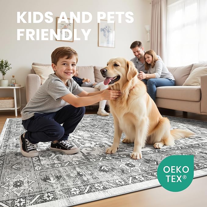 zesthome 5x7 Area Rugs - Ultra-Thin Washble Rug, Stain Resistant Anti Slip Backing Rugs for Living Room,Bedroom, Vintage Home Decor Area Rug (Grey/White,5'x7')