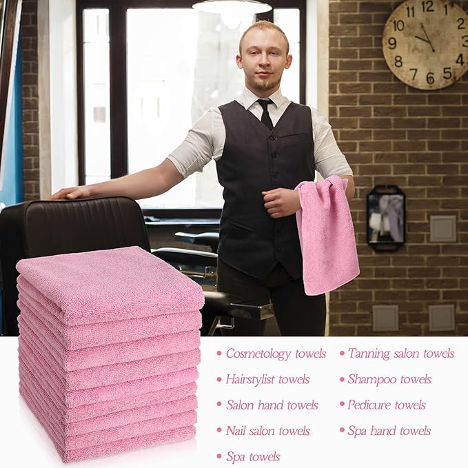 40 Pack Bleach Proof Towels Microfiber Absorbent Resistant Hair Hand Towels Bulk Quick Dry for Barber Gym Bath Spa Shaving (Pink,16 x 29 Inch)