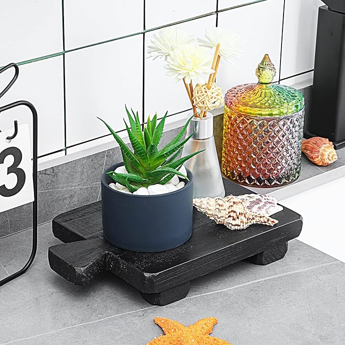 Wood Pedestal Stand Riser Wood Footed Tray for Bathroom Home Kitchen Wooden Soap Holder for Bottles Plant Makeup Tissues Candles Guest Jewelry Soap(Black, 1.57 x 6 x 9 Inch)