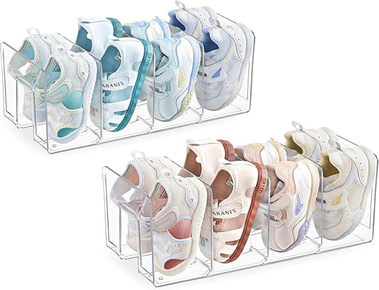 HBlife Clear Acrylic Kids Shoe Rack for Closet Organizers and Storage, Small Shoe Rack 4 Sections Toddler Baby Shoe Storage Organizer Stackable Shoe Shelf,Desk File Sorter Book Purse Organizer(2 Pack)