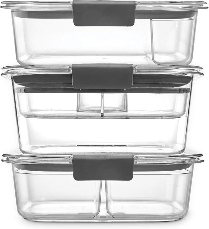 Rubbermaid Brilliance Food Storage Containers with Lids, Airtight, for Lunch, Meal Prep, and Leftovers, Set of 3 with Removable Trays | Large 9.6 Cup Container