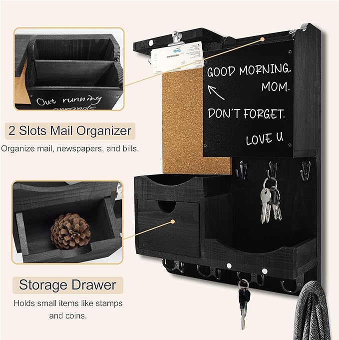 Key Holder Wall Mount, Mail Organizer Key Holder for Wall with Shelf, Drawer, Chalkboard, Corkboard, Home Decor Mounted for Room Entryway (Black)