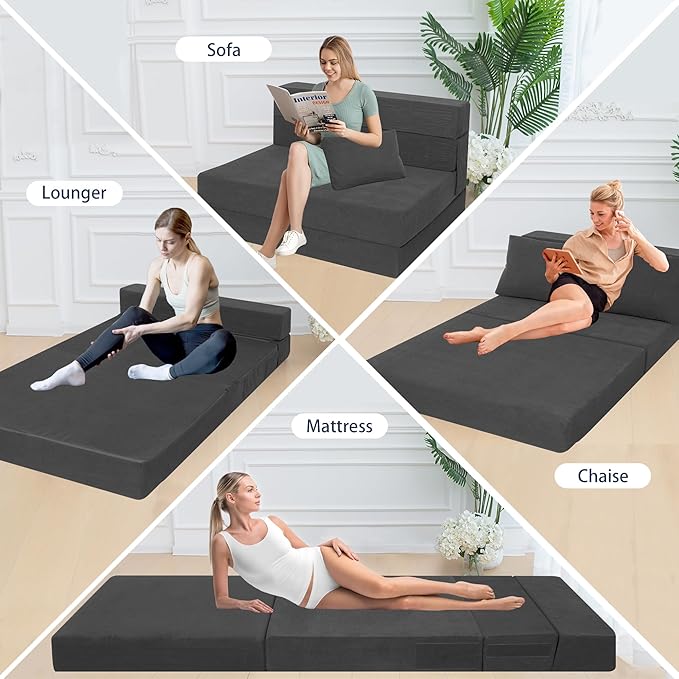 Sofa Bed Foldable Mattress ，Folding Sleeper Sofa Chair Bed Floor Mattress with Pillow for Living Room Home Office (Dark Gray -Corduroy, Twin XL)