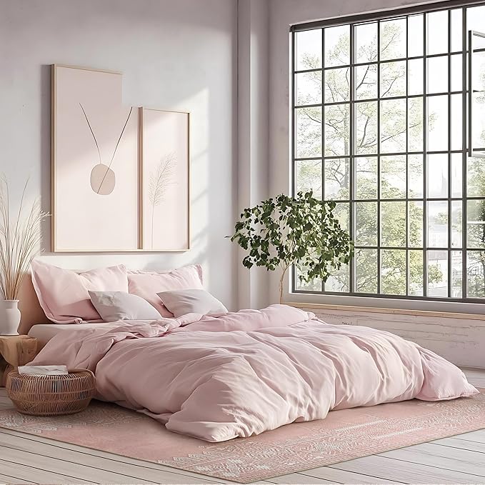 NICETOWN 8x10 Large Washable Pink Area Rug - Boho Non-Slip Folable Rug Stain Resistant Oriental Medallion Living Room Carpet for Girls Room Kitchen Laundry Bathroom Bedroom, Light Pink