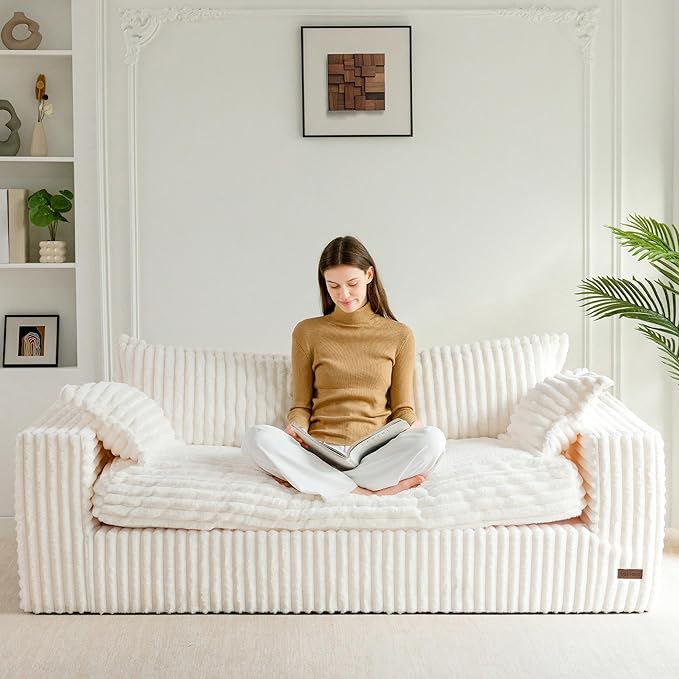 MAXYOYO 76" Bean Bag Sofa Couch, Loveseat Boneless Couch in a Box, Upholstered Small Mini Sofa for Living Room Bedroom Office Apartment, No Assembly, Beige