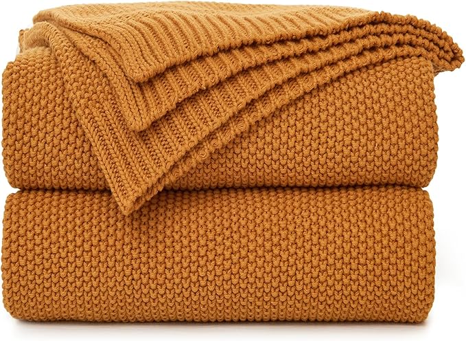 Longhui bedding Burnt Orange Cotton Cable Knit Throw Blanket for Couch Sofa Chair Bed Home Decorative, 2.5 Pounds 50 x 60 Inch Woven Throw Blankets with Bonus Laundering Bag