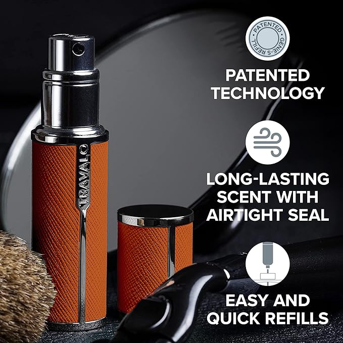 Milano Perfume Atomizer - Leak-Proof and TSA Approved for Air Travel - Reusable, Airtight, Easy Fill Mini Pump Sprayer - Lightweight, Vegan Leather with Polished Metal Outer Shell - Orange