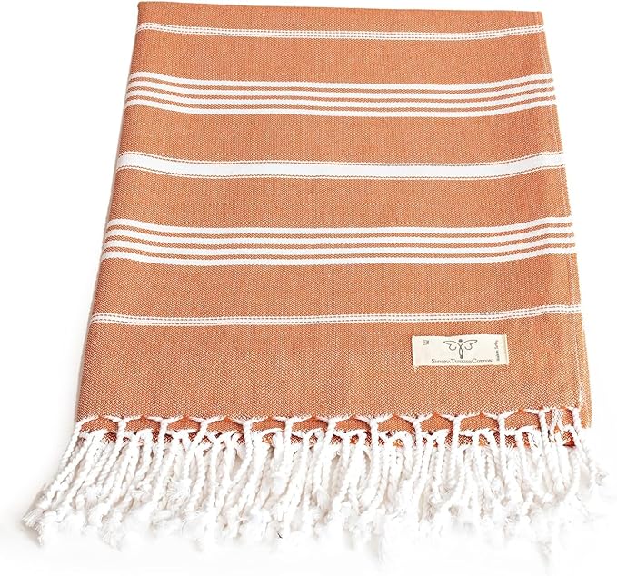 SMYRNA TURKISH COTTON Beach Blanket – Sand-Free Oversized Beach Throw 50x60 – Quick-Dry Lightweight Turkish Towel for Beach, Pool, Picnic & Outdoor Travel – Eco-Friendly Recycled Cotton, Orange
