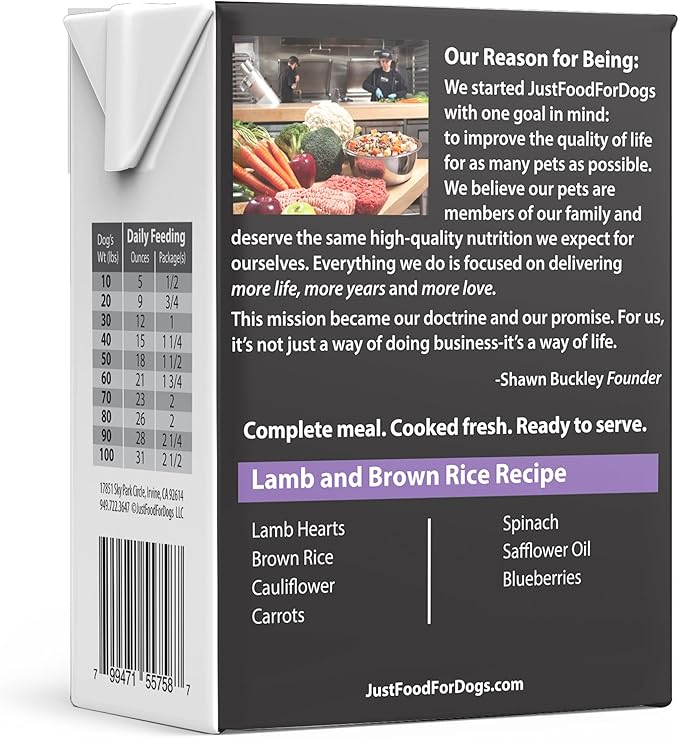 JustFoodForDogs Pantry Fresh Wet Dog Food, Complete Meal or Dog Food Topper, Lamb & Brown Rice Human Grade Dog Food Recipe - 12.5 oz (Pack of 12)