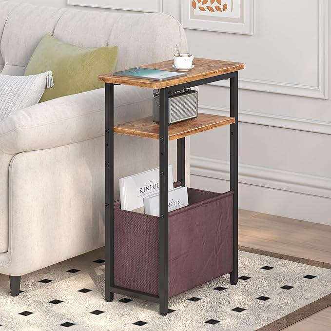 Narrow Side Table, Skinny End Tables with Fabric Basket, Small Side Tables for Small Space, 2-Tier Open Shelves with Basket, Slim Nightstands for Bedroom,Living Room,Office, Rustic Brown