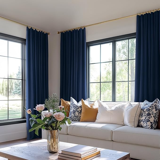 INOVADAY 100% Blackout Curtains for Bedroom, Black Out Curtains 80 Inch Long, Clip Rings Linen Blackout Drapes, Thermal Insulated Room Darkening for Living Room, 2 Panels - Midnight Blue, W50xL80