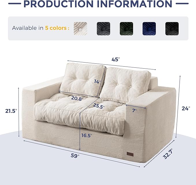 MAXYOYO Loveseat Sofa Couch, Upholstered Bean Bag Chair Cloud 2-Seat for Adults, Boneless Couch with Tufted Cushion & Pillows, Sofa in A Box, No Assembly Required, Beige