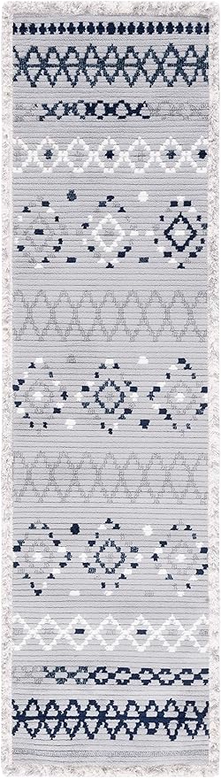 SAFAVIEH Marrakech Collection Runner Rug - 2'2" x 8', Grey & Navy, Moroccan Boho Tribal Rustic Design, Non-Shedding & Easy Care, Ideal for High Traffic Areas in Living Room, Bedroom (MRK612F)