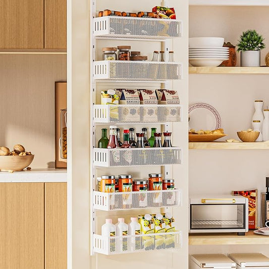 6-Tier Over The Door Pantry Organizer with Mesh Baskets, Adjustable & Stable Hanging Spice Rack for Kitchen, Bathroom, Bedroom, and Baby Essentials Storage (16" W 6-Tiers, White)