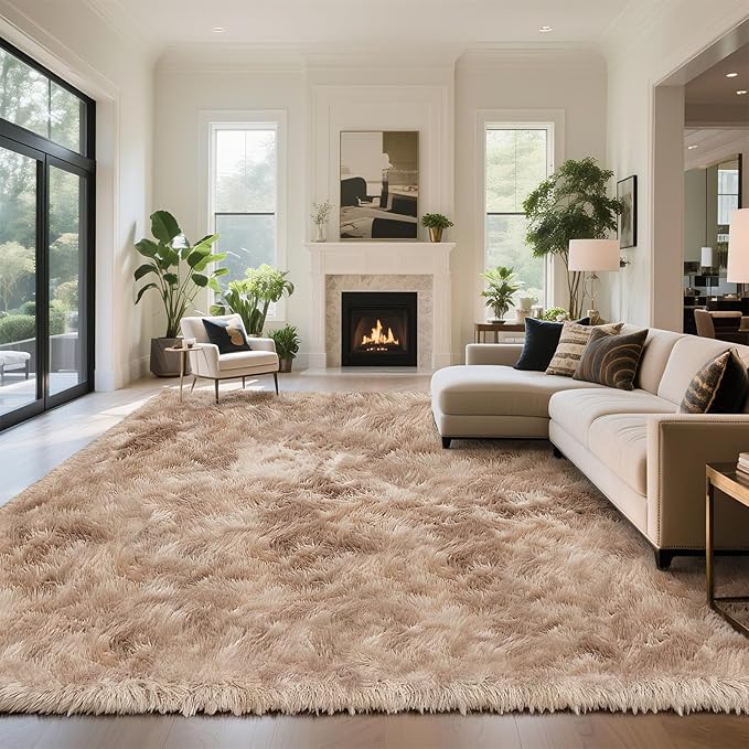 Fluffy Rug Shaggy Area Rug, Mottling Beige 9x12 Area Rugs for Living Room, Large Shag Area Rugs for Bedroom Kids Room Home Decor, Upgrade Anti-Skid Rectangular Fuzzy Rugs
