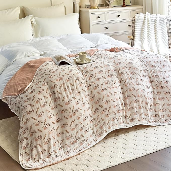 SANACYNA 100% Cotton Muslin Blanket 6-Layer Gauze King Size Floral Bed Blanket Lightweight Soft and Breathable Blanket for Sofa Couch Bed Coverlet Keep Warm (Floral, King 90" X 104")