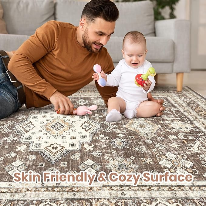 Vintage Living Room Square Area Rug 6x6 - Large Soft Washable Oriental Traditional Distressed Farmhouse Rugs for Bedroom - Indoor Floor Accent Carpet for Home Office House Decor - Dark Brown