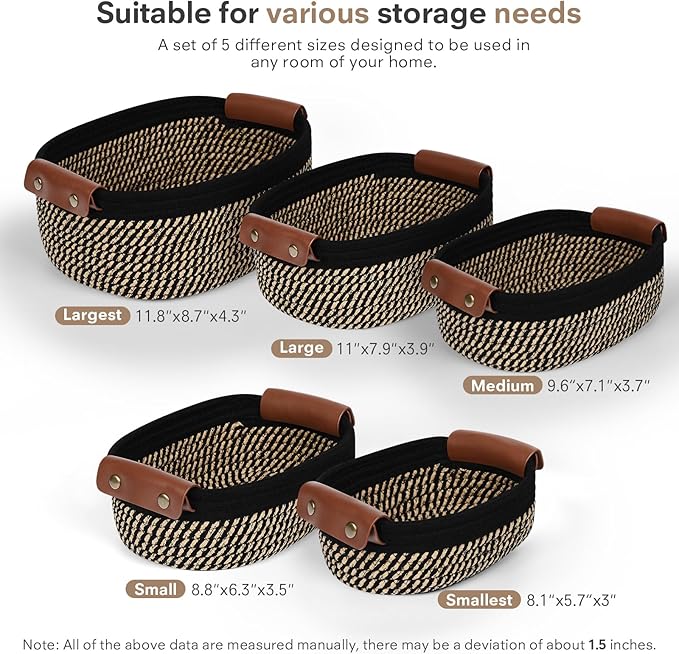 5 Piece Storage Baskets Small Woven Basket with Detachable Leather Handle, Cotton Rope Shelf Baskets for Closet Organizers, Different Sizes Basket Decor, Black Brown