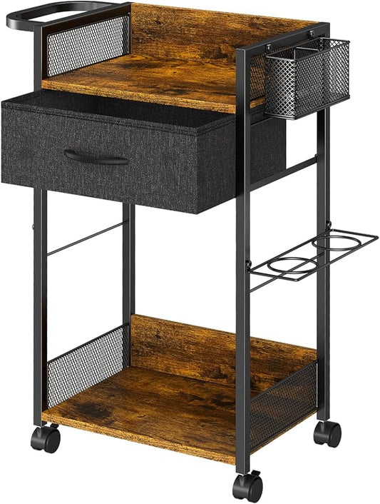 Salon Trolley Cart with Wheels, Mobile Hair Stylist Station with Metal Tool Holder & Basket, Rolling Barber Table with Fabric Drawer, Storage for Salon, Barbershop, Spa & Tattoo, Black