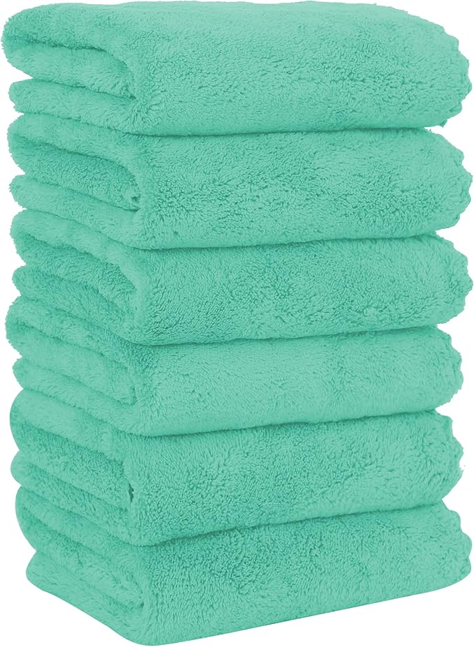 6 Pack Premium Hand Towels - Quick Drying - Microfiber Coral Velvet Highly Absorbent Towels - Multipurpose Use as Hotel, Bathroom, Shower, Spa, Hand Towel 16 x 28 inches (Aqua Green)