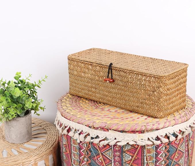 Wicker Shelf Baskets with Lid,Rectangular Seagrass Woven Storage Baskets with Dividers for Bathroom Organizer Small Bins Home Decor (Natural)