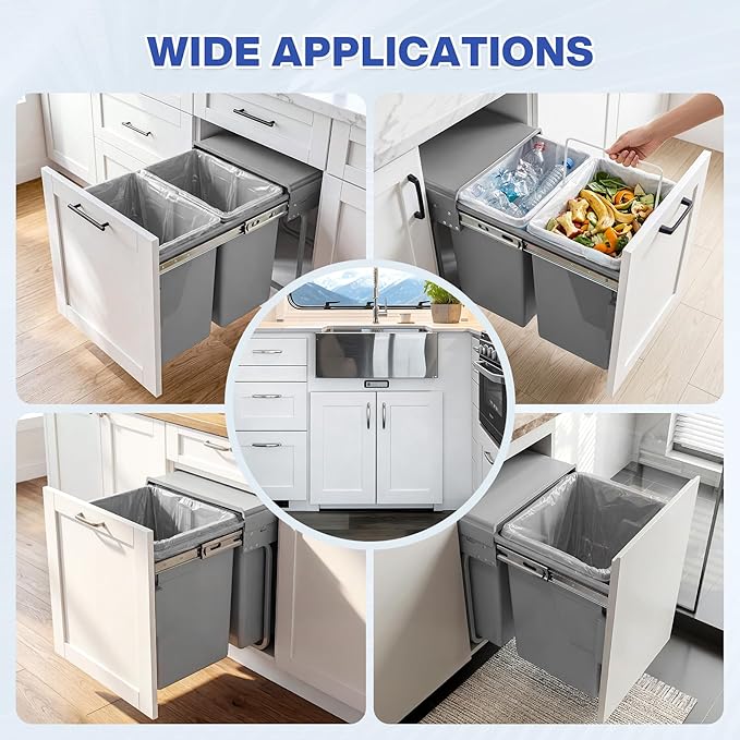 Double Pull Out Trash Can for Under Kitchen Cabinets 44 Qt with Soft-Close Slides, Under Sink Garbage Waste Recycling Bin with Lid for Cabinet, Gray